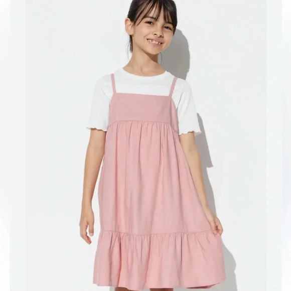 Uniqlo Girls Pink Linen Blend Camisole Mini Sleeveless Babydoll Dress Size 11/12 - Picture 1 of 6